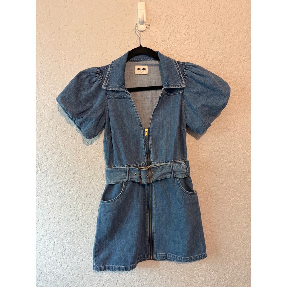Show Me Your Mumu Denim Puff Sleeve Mini Dress XS Retro Western Blue Zip Front - Picture 3 of 5